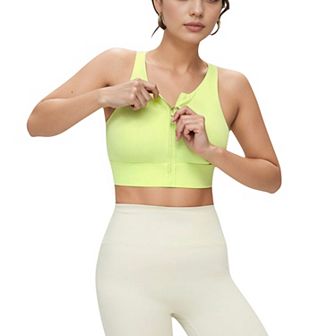 Women's Front Zip Sports Crop Top with Scoop Neck and Wide Straps for Support