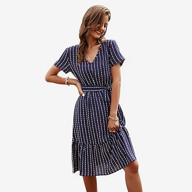 Women's V-Neck Short Sleeve Tiered Midi Dress with Waist Tie