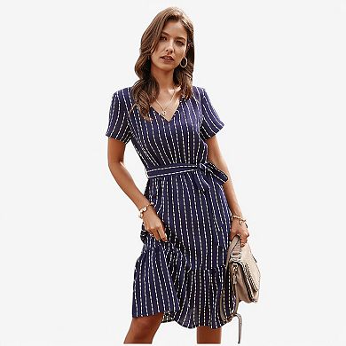 Women's V-Neck Short Sleeve Tiered Midi Dress with Waist Tie