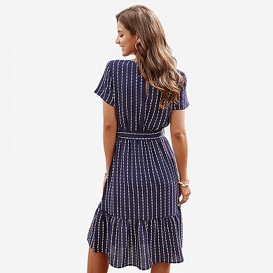 Women's V-Neck Short Sleeve Tiered Midi Dress with Waist Tie