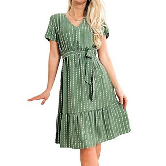 Women's V-Neck Short Sleeve Tiered Midi Dress with Waist Tie