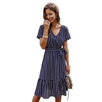 Women's V-Neck Short Sleeve Tiered Midi Dress with Waist Tie