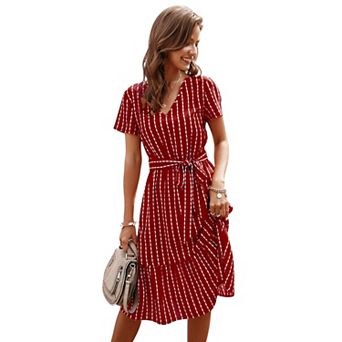 Women's V-Neck Short Sleeve Tiered Midi Dress with Waist Tie