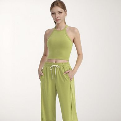 Women's High Neck Cropped Tank Top with Racer Style Straps and Seamless Fit