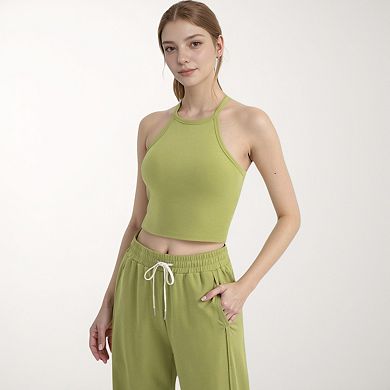 Women's High Neck Cropped Tank Top with Racer Style Straps and Seamless Fit
