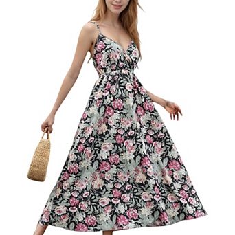Women's Sleeveless Floral Print Maxi Dress with Adjustable Spaghetti Straps and V-Neckline