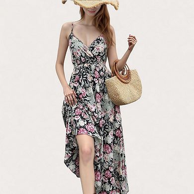 Floral Print Summer Lace-up Slim Backless Maxi Dress with Spaghetti Straps