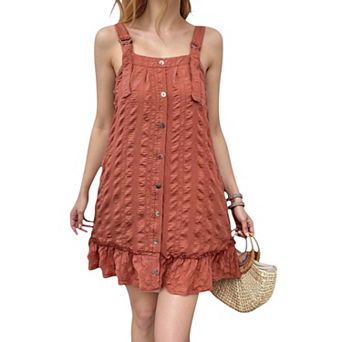 Women's Textured Button Front Overall Dress with Adjustable Straps and Ruffle Hem Detail