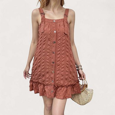 Women's Textured Button Front Overall Dress with Adjustable Straps and Ruffle Hem Detail
