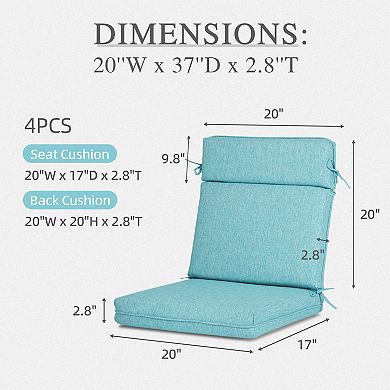 Aoodor Outdoor High Back Dining Chair Cushion with Ties and Zipper, Set of 4