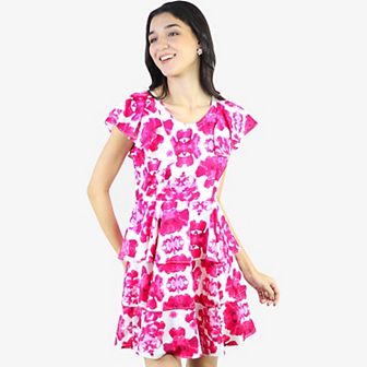 Women's Round Neck Ruffled Sleeve Printed Tiered Short Dress
