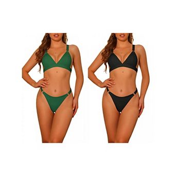 2 Sets Women's Triangle Bikini Sets, Ring Adjustable Wide Straps Back Clasp Ribbed Swimwear