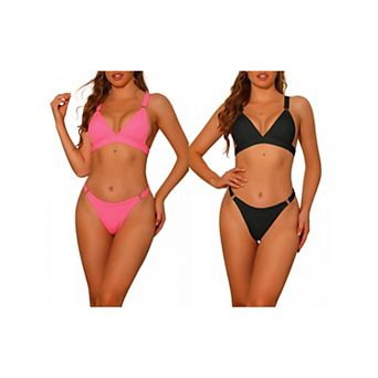 2 Sets Women's Triangle Bikini Sets, Ring Adjustable Wide Straps Back Clasp Ribbed Swimwear