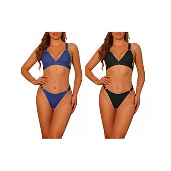 2 Sets Women's Triangle Bikini Sets, Ring Adjustable Wide Straps Back Clasp Ribbed Swimwear