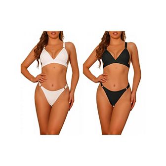 2 Sets Women's Triangle Bikini Sets, Ring Adjustable Wide Straps Back Clasp Ribbed Swimwear