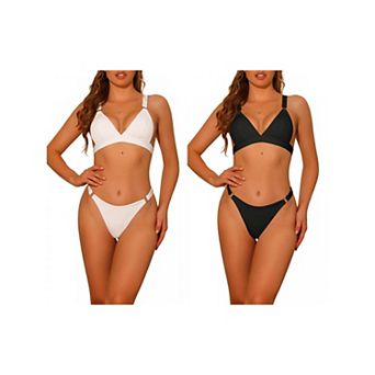2 Sets Women's Triangle Bikini Sets, Ring Adjustable Wide Straps Back Clasp Ribbed Swimwear