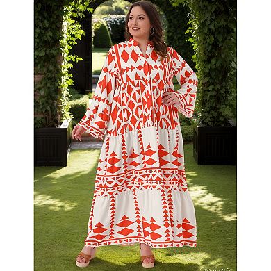Women's Plus Size Button Long Flared Bell Sleeve Tiered Maxi Dress Flowy A Line Pattern Dress Casual