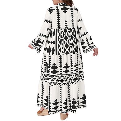 Women's Plus Size Button Long Flared Bell Sleeve Tiered Maxi Dress Flowy A Line Pattern Dress Casual
