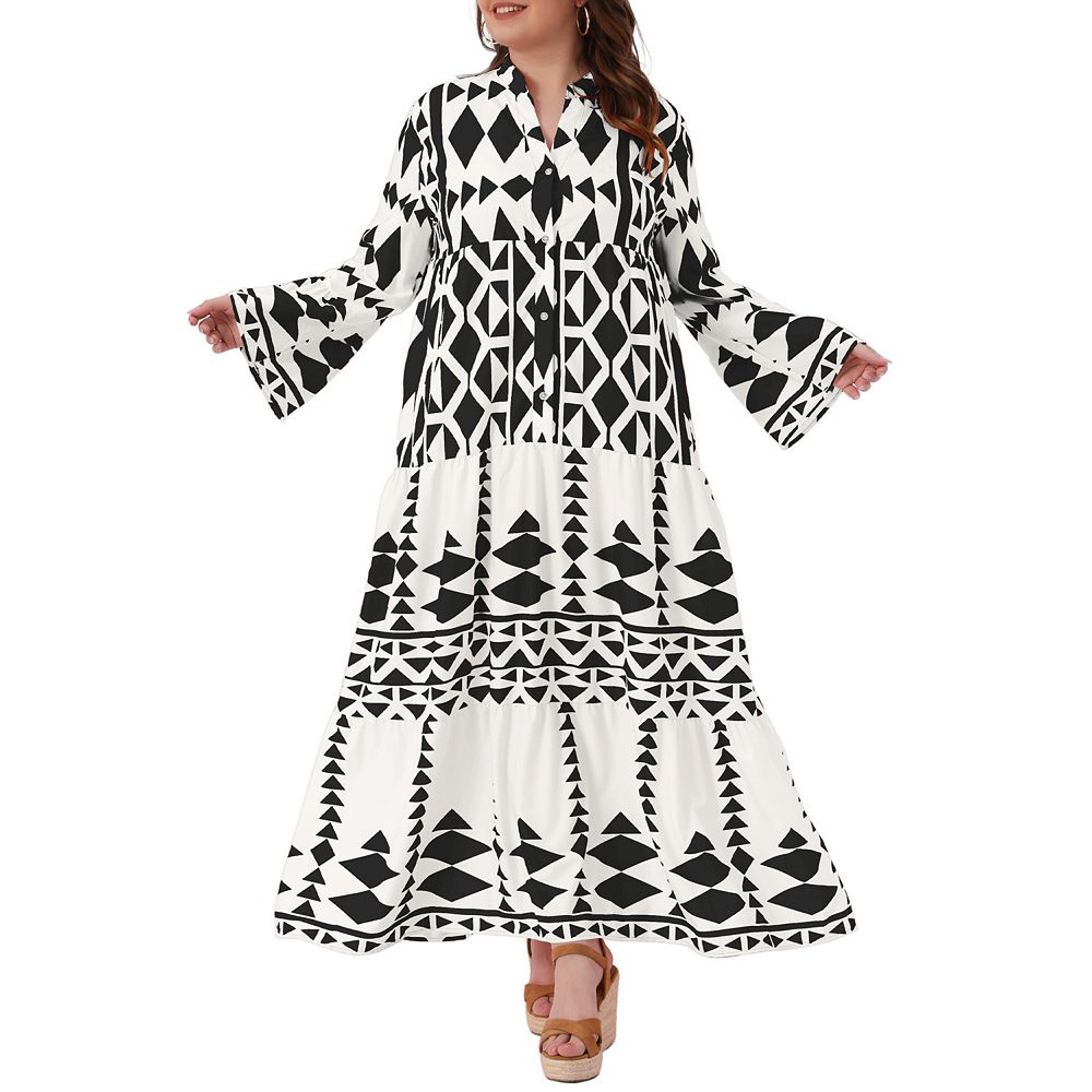 Plus Size Unique pattern loose Fit Pleats Flare Maxi Dress with Pockets