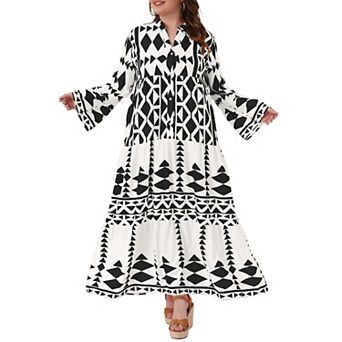 Women's Plus Size Button Long Flared Bell Sleeve Tiered Maxi Dress Flowy A Line Pattern Dress Casual