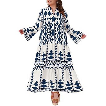 Women's Plus Size Button Long Flared Bell Sleeve Tiered Maxi Dress Flowy A Line Pattern Dress Casual