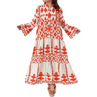 Women's Plus Size Button Long Flared Bell Sleeve Tiered Maxi Dress Flowy A Line Pattern Dress Casual