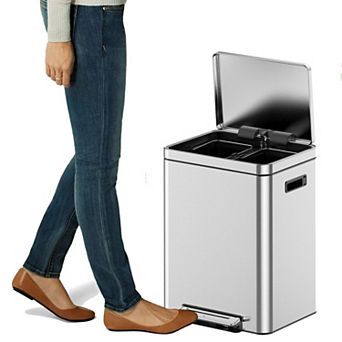 Double stainless steel trash can with recycling bin, with 2 plastic inner buckets and foot pedal