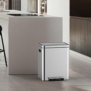 Double stainless steel trash can with recycling bin, with 2 plastic inner buckets and foot pedal