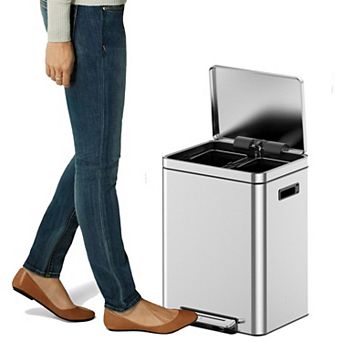 Double trash can with recycling bin, stainless steel rectangular trash can with soft close metal lid