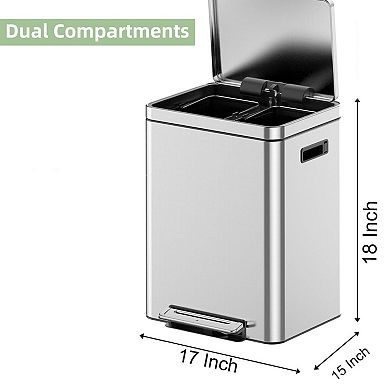 Double trash can with recycling bin, stainless steel rectangular trash can with soft close metal lid