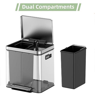 Double trash can with recycling bin, stainless steel rectangular trash can with soft close metal lid