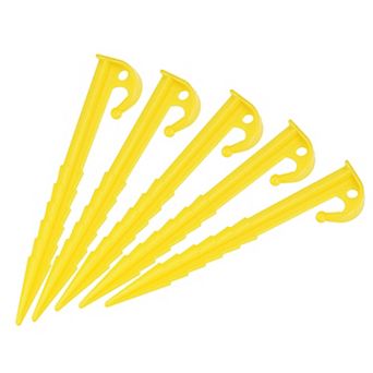 5.5 Inch Plastic Serrated Edges Camping Tent Stakes Pegs with Hook Yellow 8 pc