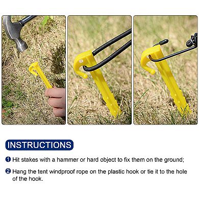 5.5 Inch Plastic Serrated Edges Camping Tent Stakes Pegs with Hook Yellow 8Pcs