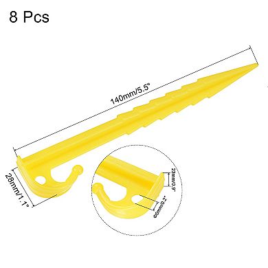 5.5 Inch Plastic Serrated Edges Camping Tent Stakes Pegs with Hook Yellow 8Pcs