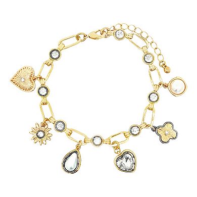 Emberly Glass Stone & Simulated Pearl Heart & Flower Charm Bracelet