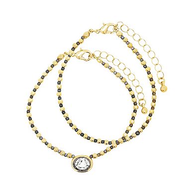 Emberly Gold Tone & Hematite-Plated Oval Glass Stone Beaded 2-Piece Bracelet Set