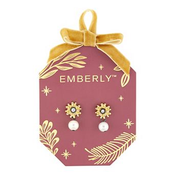 Emberly Gold-Tone Glass Stone & Simulated Pearl Flower Drop Earrings