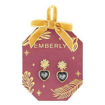 Emberly Gold-Tone & Hematite-Plated Polished Flower & Glass Stone Heart Drop Earrings