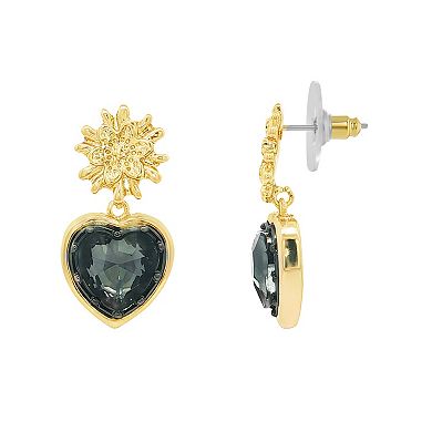 Emberly Gold-Tone & Hematite-Plated Polished Flower & Glass Stone Heart Drop Earrings
