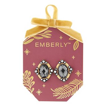 Emberly Gold-Tone & Hematite-Plated Textured Frame Oval Glass Stone Earrings