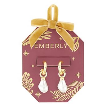 Emberly Gold-Tone Simulated Pearl Polished C-Hoop Drop Earrings