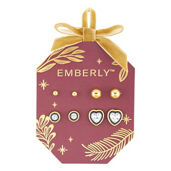 Emberly 4-Pair Gold-Tone & Hematite-Plated Polished Ball Glass Stone Stud Earring Set