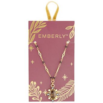 Emberly Gold Tone & Hematite-Plated Oval Glass Stone & Simulated Pearl Beaded Pendant Necklace