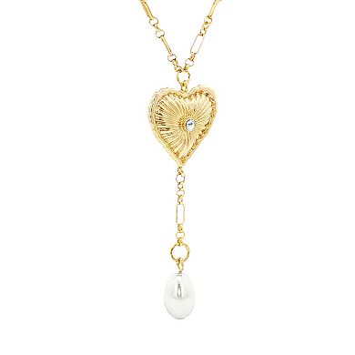 Emberly Gold-Tone Textured Heart & Simulated Pearl Y-Necklace
