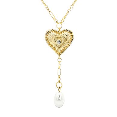 Emberly Gold-Tone Textured Heart & Simulated Pearl Y-Necklace