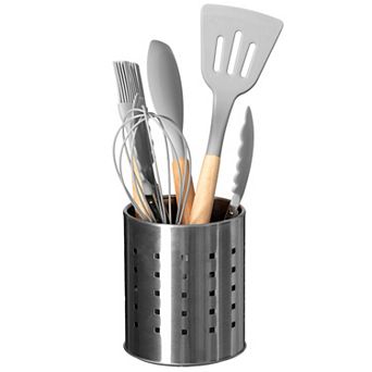 Round Metal Utensil Holder with Drain Holes, Countertop Organizer, Silver