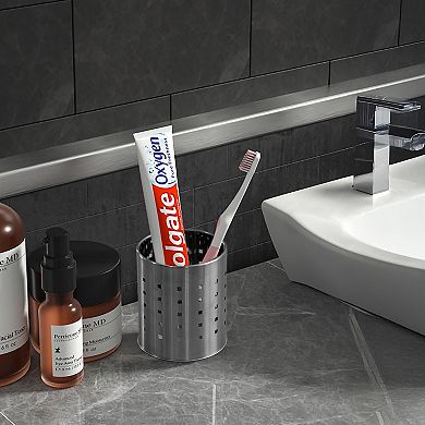 Round Metal Utensil Holder with Drain Holes, Countertop Organizer, Silver