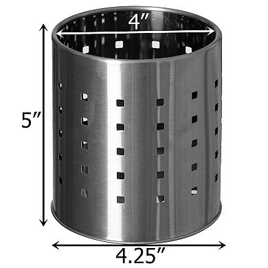 Round Metal Utensil Holder with Drain Holes, Countertop Organizer, Silver