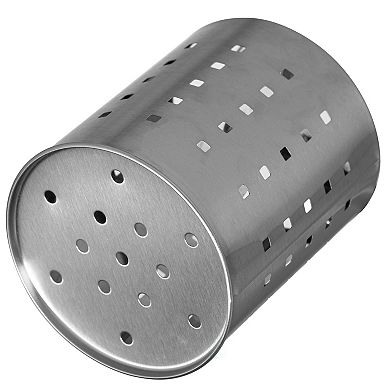 Round Metal Utensil Holder with Drain Holes, Countertop Organizer, Silver