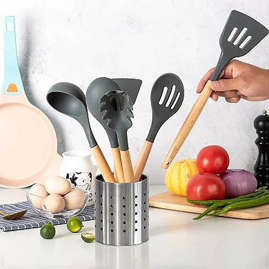 Round Metal Utensil Holder with Drain Holes, Countertop Organizer, Silver